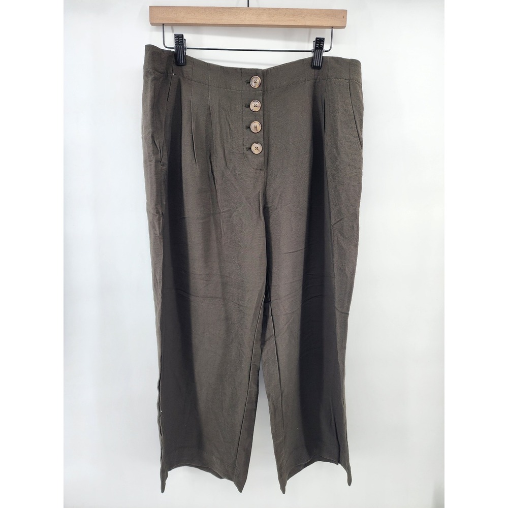 LOFT Petites High Waist Button Fly Wide Leg Crop Pants Olive Green 12P